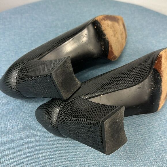 Stuart Weitzman Black Snakeskin Embossed Square Toe Block Heeled Slip On Pumps - Picture 8 of 11